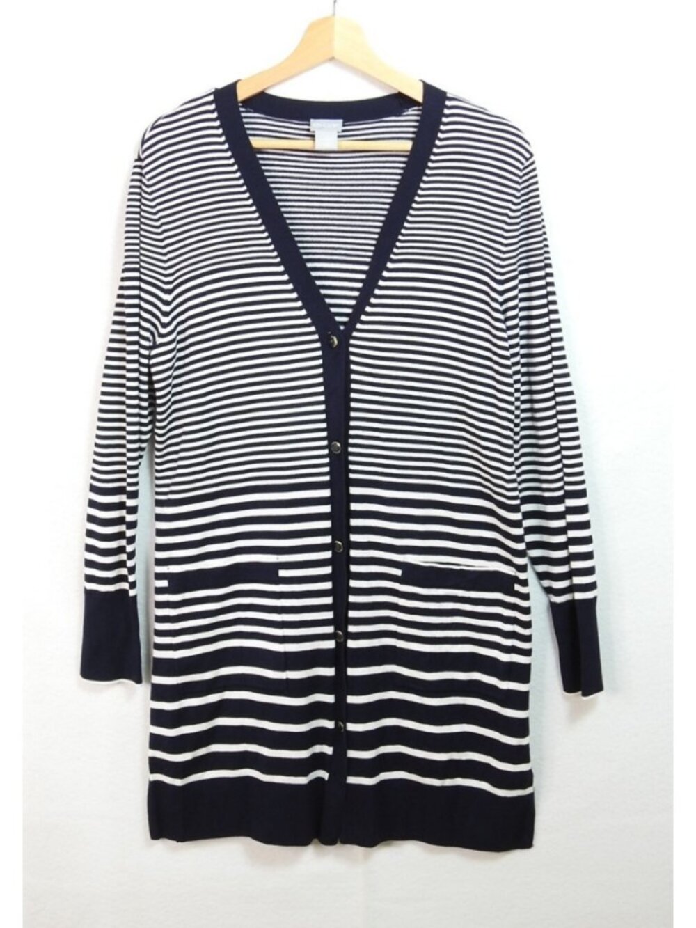 New Chicos Striped Cardigan Size 1 Medium Navy White Button Front Long Sweater - Picture 2 of 7